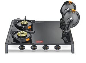Prestige Svachh GTSV-04 Easy Clean Glass-Top 4 Brass Burner LPG Gas Table | Black | Liftable Burner Set | Sturdy Pan Support | Ergonomic Knob Design | Rubber Bottom Pads