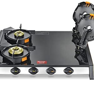 Prestige Svachh GTSV-04 Easy Clean Glass-Top 4 Brass Burner LPG Gas Table | Black | Liftable Burner Set | Sturdy Pan Support | Ergonomic Knob Design | Rubber Bottom Pads
