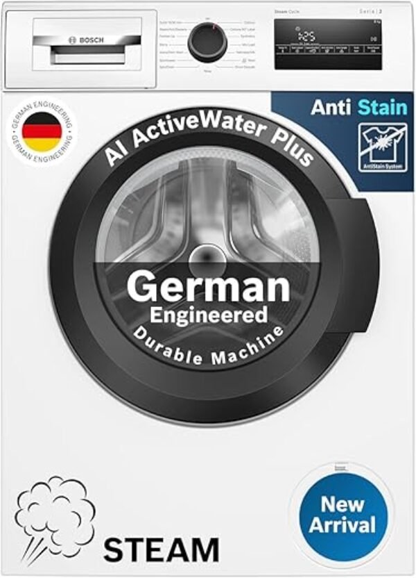 Bosch 8 kg, 5 Star, Anti Stain & AI Active Water+ Fully Automatic Front Loading Washing Machine (WAJ28260IN, Steam with Anti-bacteria, In-Built Heater, White)