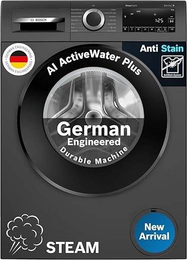 Bosch 9 kg, 5 Star, Anti Stain & AI Active Water+ Fully Automatic Front Load Washing Machine (WGA1420TIN, Pretreatment & Steam with Anti Bacteria, In-built Heater, Black Grey)