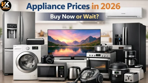 Large home appliances including air conditioner, refrigerator, washing machine, dishwasher and TV representing appliance price trends in 2026