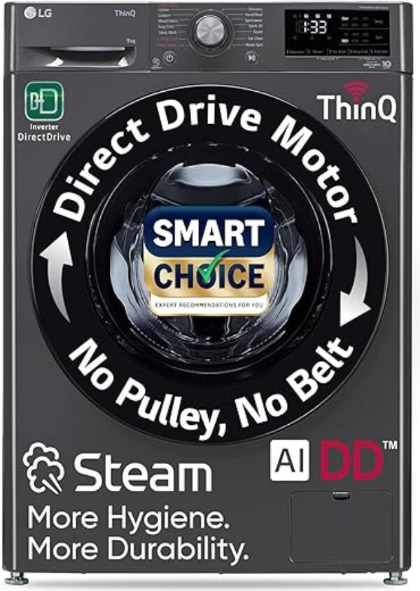 LG Smart Choice, 9 Kg, 5 Star, AI Direct Drive Technology, Steam, 6 Motion DD & Wi-Fi Fully-Automatic Front Load Washing Machine (FHP1209Z5M, Intelligent & Convenient Fabric Care, Middle Black)