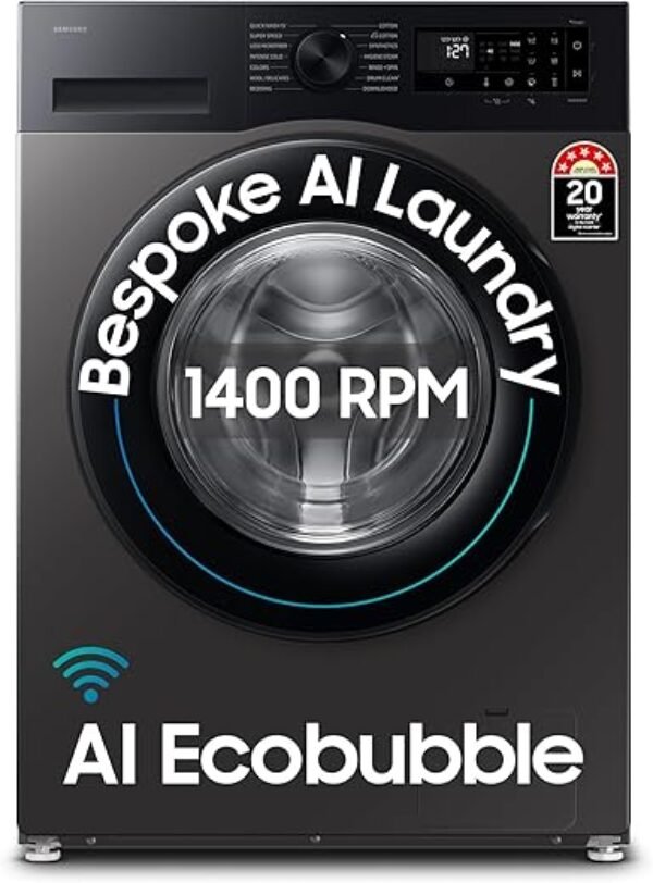 Samsung 9 kg, 5 star, AI EcoBubble, Super Speed, Wi-Fi, Hygiene Steam with Inbuilt Heater, Digital Inverter, Fully-Automatic Front Load Washing Machine (WW90DG5U24AXTL, Inox)