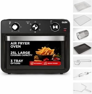 Glen Large Air Fryer Oven 25L 1800W, with Rotisserie, 6 Functions, Time & Temp Control, 3 Trays & 4 Accessories | All in One Airfryer Oven: Grill, Bake, Fry & Roast, 2-Year Warranty - Black SA3050AFO
