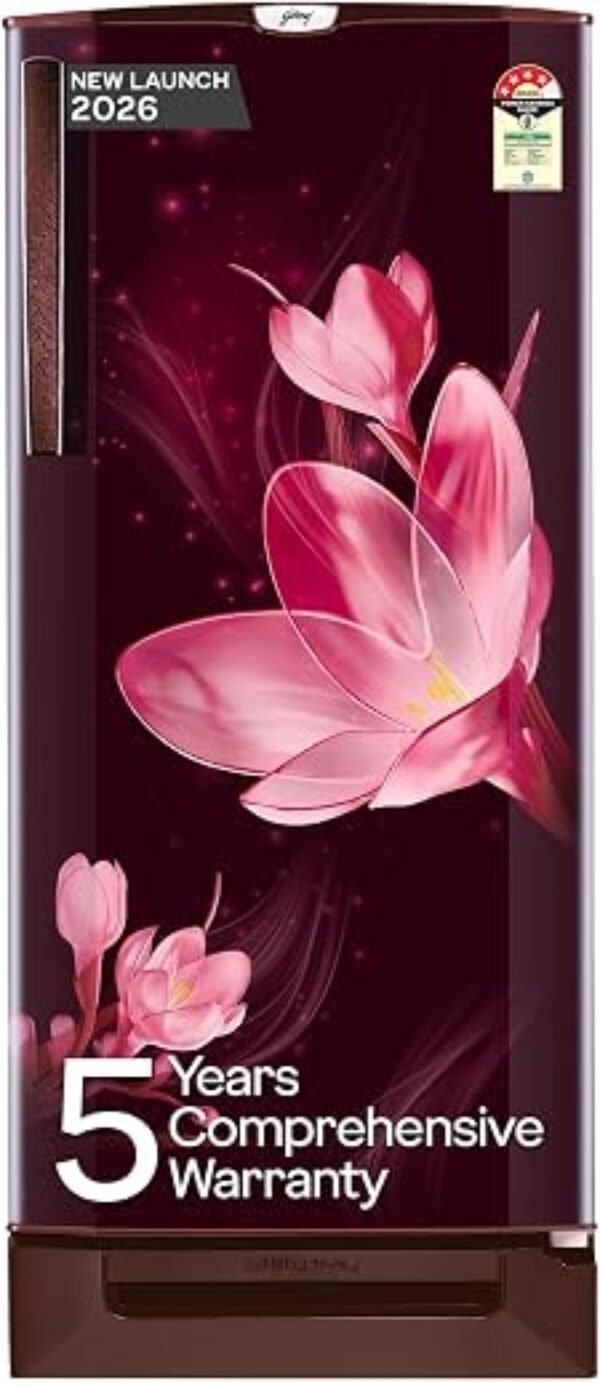 Godrej 185 L 5 Star 5 Years Comprehensive Warrant | Advanced Capillary Technology| Toughened Glass Shelves | Direct Cool Single Door Refrigerator (2026 Model, RD 195EN TAI MY WN, Mystic Wine)
