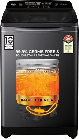 Haier 11 Kg, In-Built Heater, Front Panel Design, NZP Technology, Oceanus Wave Drum, Fully Automatic Top Load Washing Machine (ETL110-HC8S8 | Black)