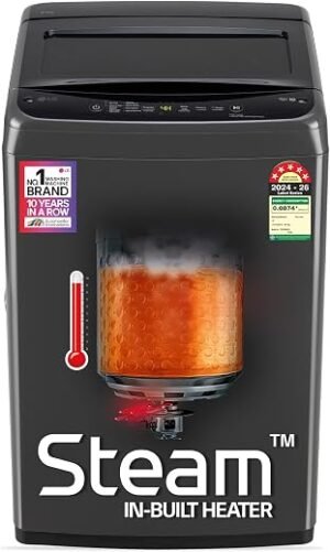 LG 9 Kg, 5 Star, Smart Inverter Technology, In-built heater with Steam, Fully Automatic Top Load Washing Machine (T90VBMB1S, Turbodrum, Stain Clean, LED Display, Smart Diagnosis, Middle Black)